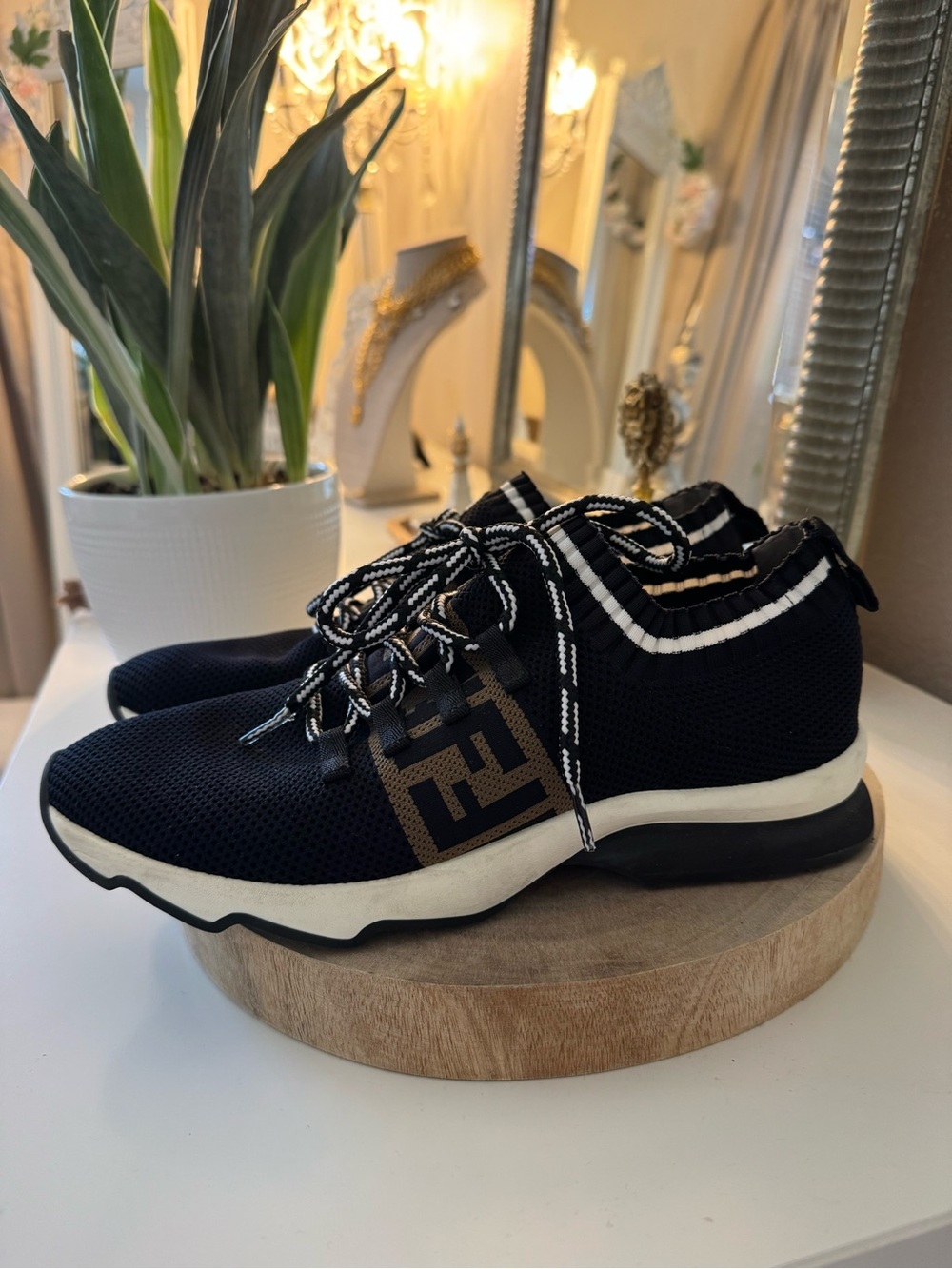 Fendi Black Knit Logo Low-Top Sneakers with White Accents